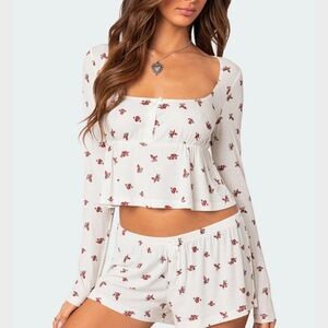 Edikted Floral Babydoll Long Sleeve Top Coquette Ribbed Bow Detail Size Medium